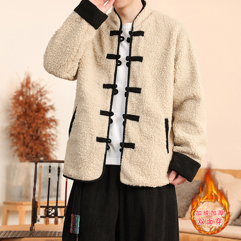 新中式G麦穗羊羔毛加绒加厚双面穿棉服夹克棉衣男JK21-P135控158图片