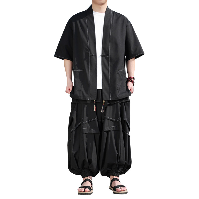 风A冰丝盘扣明线开衫外套折褶阔腿裤男套装男TZ161-P130控158,男装休闲套装,电商A005