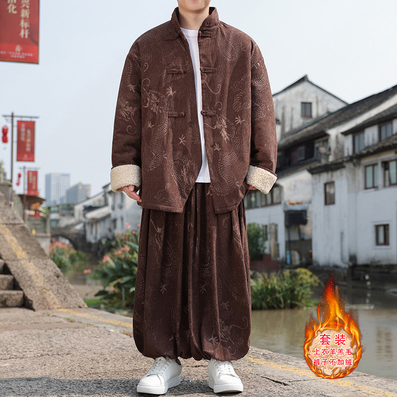 新中式AL龙纹灯芯绒羊羔毛夹克棉衣服保暖套装男TZ131-P203控228,男装夹克,电商A005