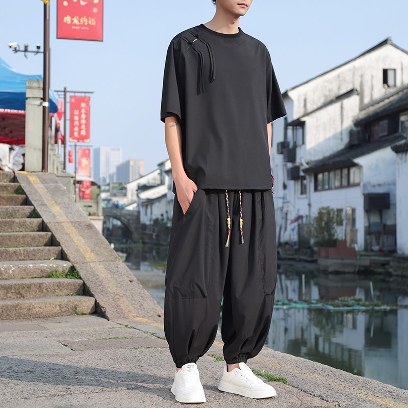 新中式A肩膀盘扣设计暗黑冰丝t恤男大口袋裤男套装TZ88-P120控148,男装休闲套装,电商A005
