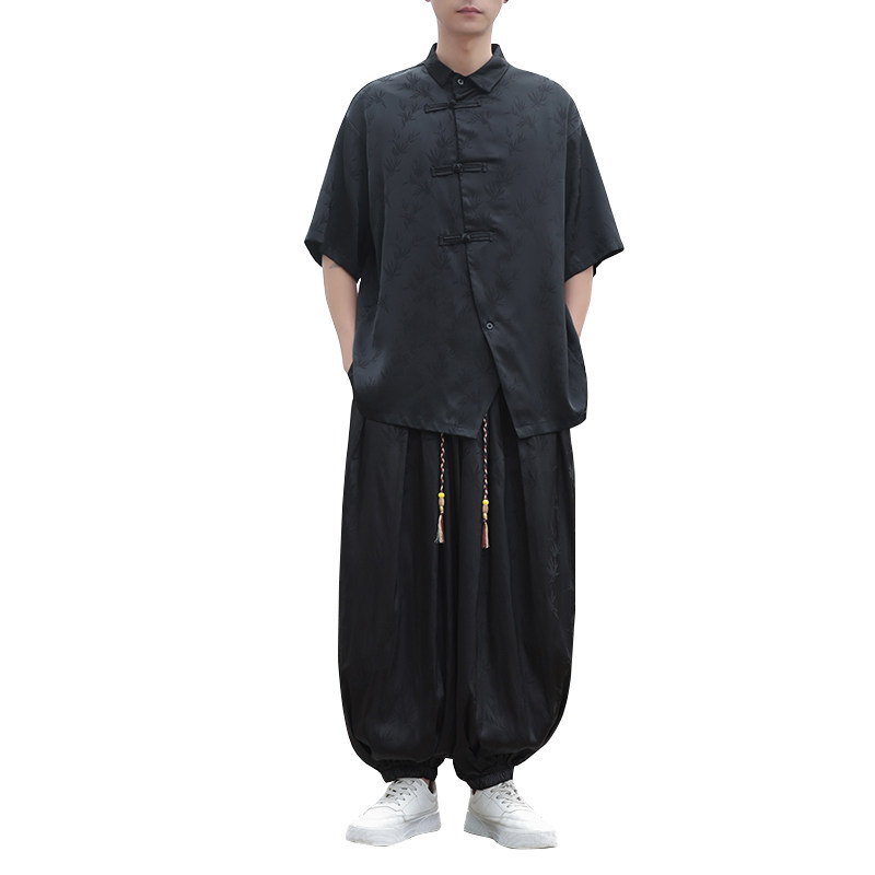 新中式D风暗黑树叶提花冰丝衬衫男萝卜裤套装TZ86-P130控158,男装休闲套装,电商A005