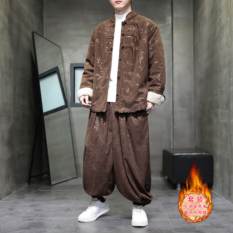 新中式F盘扣树叶暗花灯芯绒羊羔毛夹克棉衣套装男TZ52-P203控238，男装T恤，电商A005