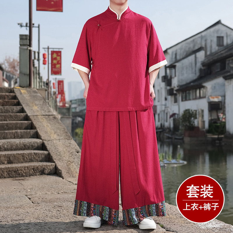斜襟盘扣D亚麻中袖衬衫民族风复古裙裤阔腿裤套装TZ165-P176控198,男装衬衫,电商A005