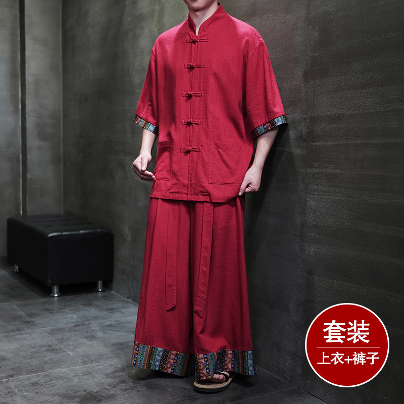 民族风G拼色盘扣亚麻衬衫民族风裙裤阔腿裤套装男TZ162-P163控188,男装衬衫,电商A005