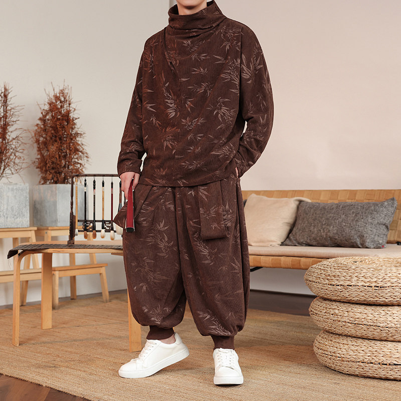 卫衣树叶灯芯绒G堆堆领T恤打底衫束脚飞鼠裤套装TZ125-P133控158，男装T恤，电商A005