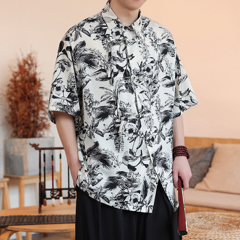 新中式D盘扣不规则设计树叶印花暗纹冰丝衬衫外套男CS69-P70控98,男装衬衫,电商A005