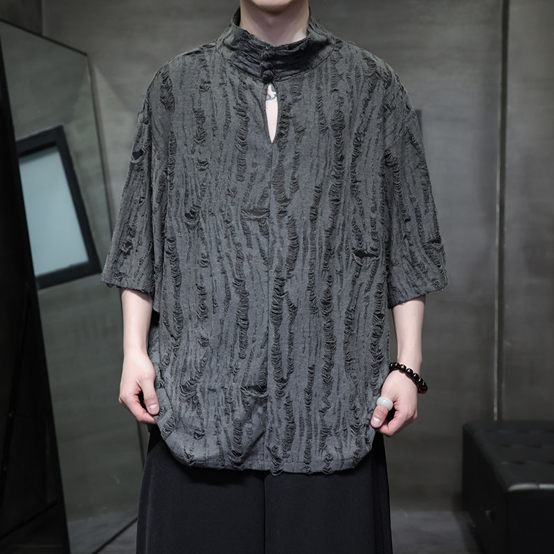 风A新中式风高领盘扣破洞镂空乞丐装冰丝t恤T35-P68控88，男装T恤，电商A005