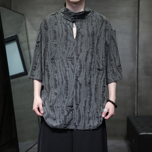 风A新中式风高领盘扣破洞镂空乞丐装冰丝t恤T35-P68控88，男装T恤，电商A005