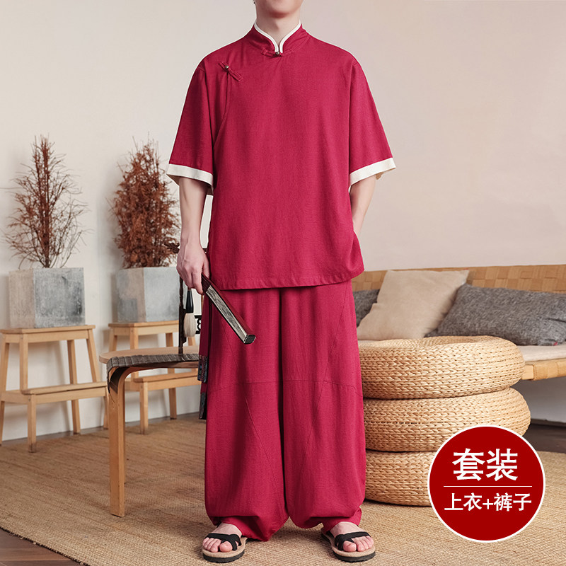 斜襟盘扣N亚麻中袖衬衫民族风演出阔腿裤套装男TZ166-P176控198，男装衬衫，电商A005