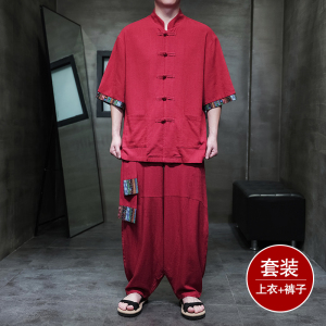民族风I盘扣亚麻衬衫民族风棉麻阔腿裤套装男TZ163-P163控188图片