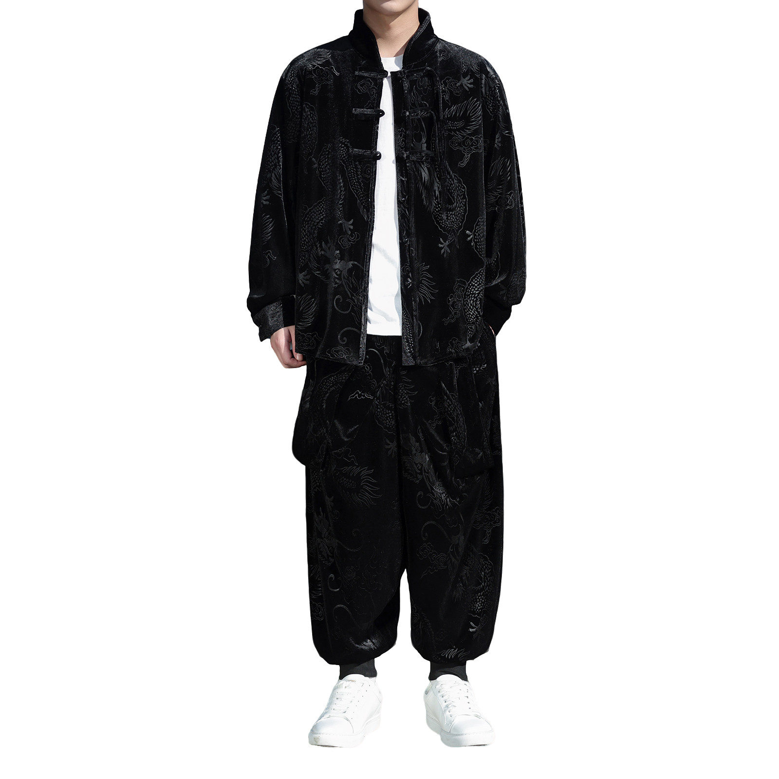 新中式F盘扣龙纹金丝绒外套男哈伦裤飞鼠裤套装男TZ182-P136控158,男装休闲套装,电商A005