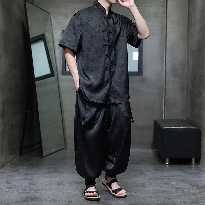 风A树叶暗纹提花冰丝衬衫男嘻哈飞鼠裤套装男TZ156-P136控158,男装衬衫,电商A005