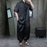 风A树叶暗纹提花冰丝衬衫男嘻哈飞鼠裤套装男TZ156-P136控158，男装衬衫，电商A005