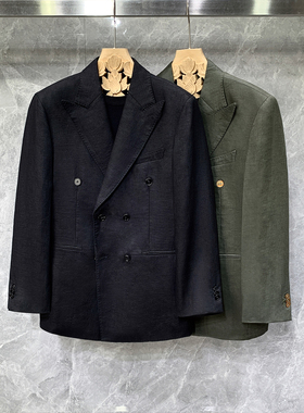2025新款高级感亚麻双排扣小西装外套男士日系休闲痞帅单西服薄款