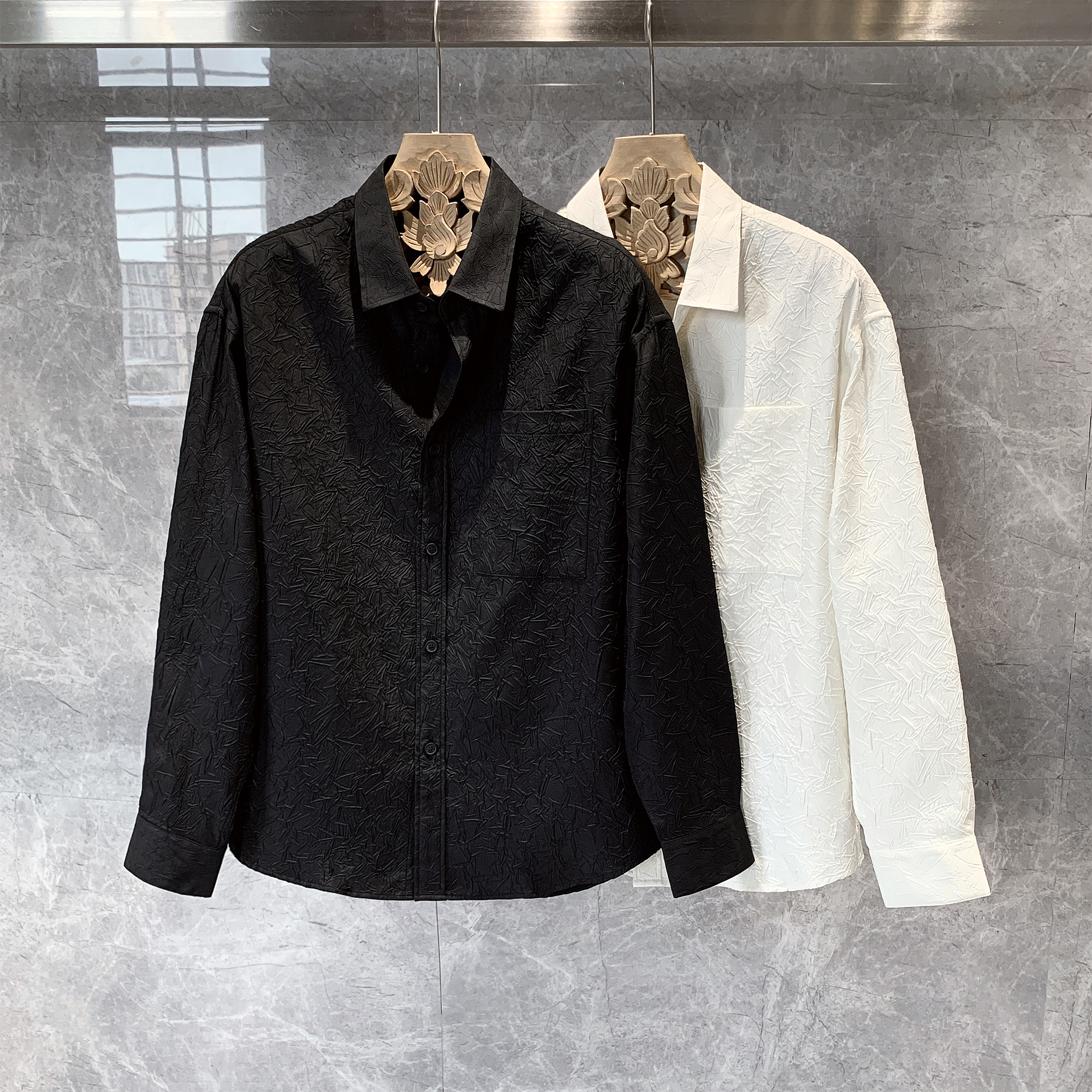 港风痞帅肌理感宽松长袖衬衫上衣