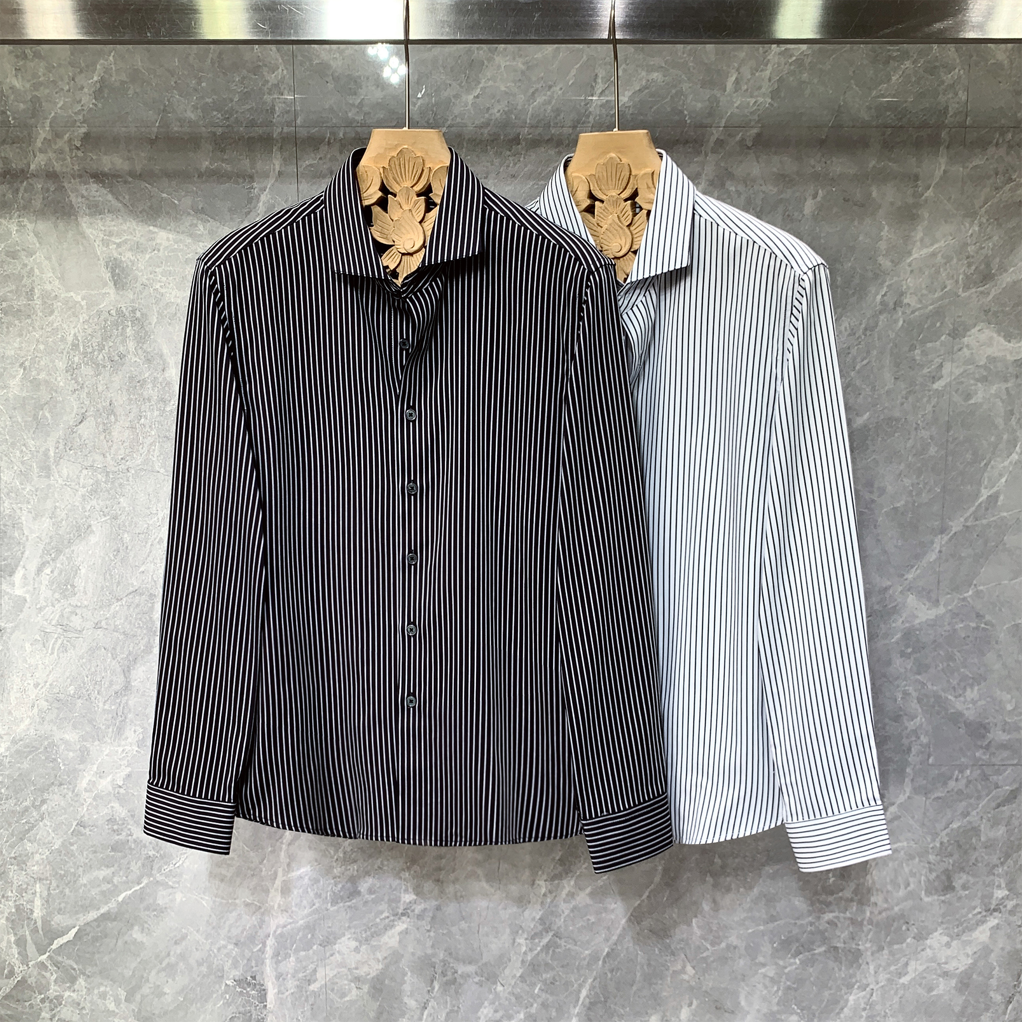 温莎领条纹修身长袖衬衫免烫衬衣