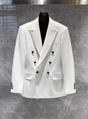高级感六扣一戗驳领白色小西装外套男士商务休闲正装痞帅气单西服