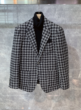 冬季新款加厚毛呢千鸟格修身小西装外套男士韩版潮流痞帅西服单西