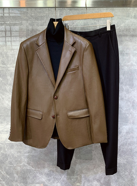 秋冬新款咖啡色修身西装皮衣男士商务休闲痞帅气正装高端西服套装