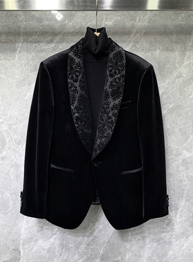 高级感青果领刺绣修身平绒小西装外套加厚男士正装新郎结婚单西服