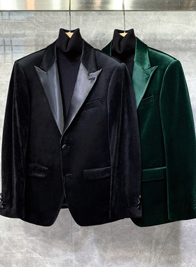 秋冬新款高级感正装天鹅平绒修身西装外套男士休闲商务痞帅单西服