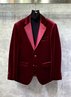 英伦风高级感礼服酒红色修身西装外套男士休闲正装结婚新郎单西服