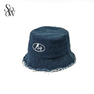 【SOWO】原创机能风！纯棉中蓝牛仔水洗做旧毛边烫银标渔夫帽盆帽