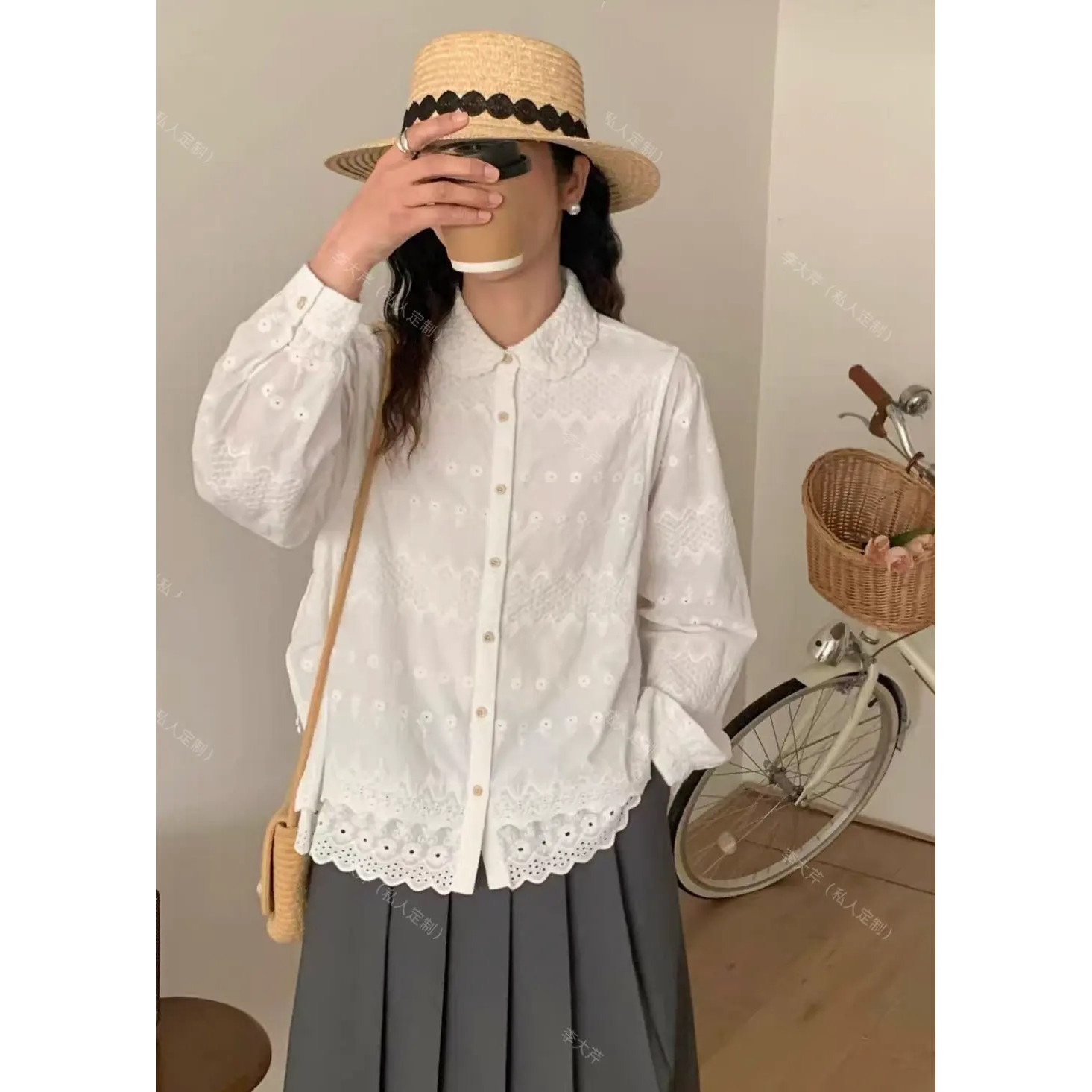 “栀织”娃娃领衬衫宽松显瘦百搭减龄气质刺绣设计感上衣花边森系