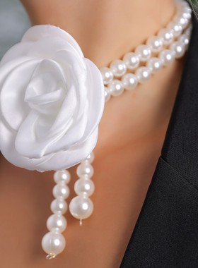 白色山茶花珍珠链条项链女