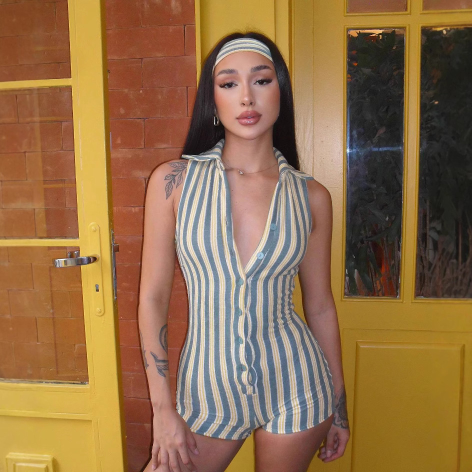 休闲风翻领排扣无袖高腰连体裤