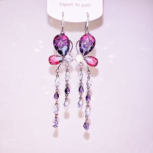 2025秋冬设计紫粉碧玺水晶锆石蝴蝶长款流苏耳钩耳环重工夸张耳饰