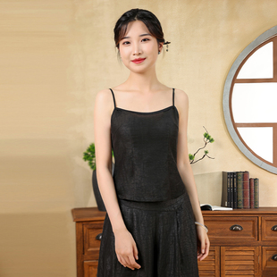 蝶恋夏款 吊带背心女 龟裂纹香云纱拼接真丝双绉新中式
