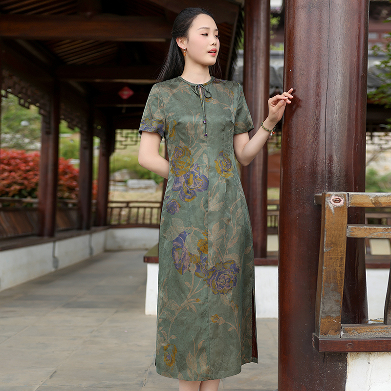 蝶恋改良花罗红云纱中式旗袍裙