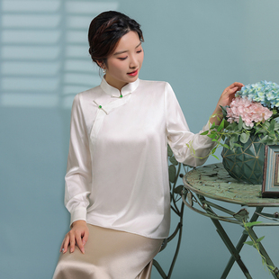 蝶恋桑蚕丝弹力缎宽松上衣崔万志中式 立领缎面衬衫