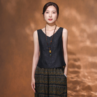 蝶恋龟裂纹香云纱拼接金丝蕾丝无袖 吊带背心女 V领上衣崔万志中式