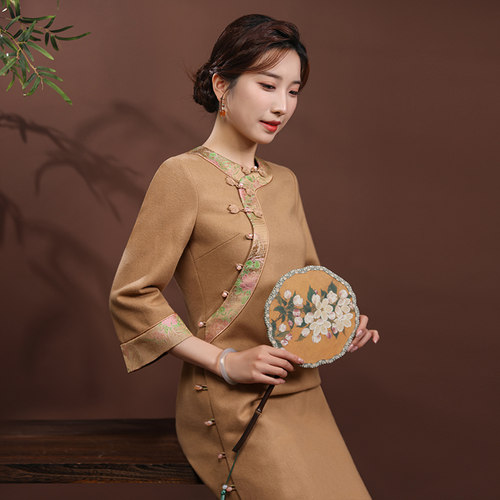 蝶恋羊毛呢撞色拼接旗袍裙