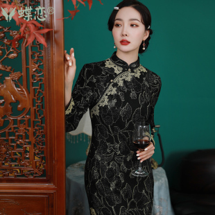 蝶恋嫦曦 崔万志旗袍连衣裙女 旗袍仿貂绒改良旗袍裙蕾丝边长袖