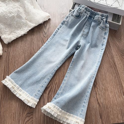 女童小香风蕾丝边喇叭裤韩版儿童弹力软牛仔裤长裤子2025春季新款