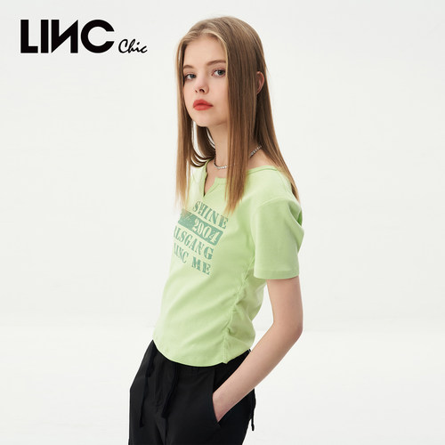 LINCCHIC金羽杰t恤女上衣修身紧致抽褶短袖女t恤夏S232FK221Y