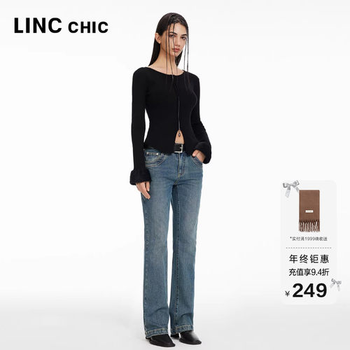 中高腰弹力微喇复古蓝牛仔裤