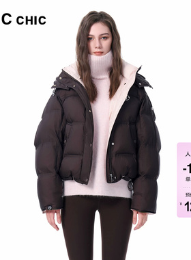 LINCCHIC金羽杰2025年冬季新款羽绒服落肩围裹感连帽羽绒服女1188