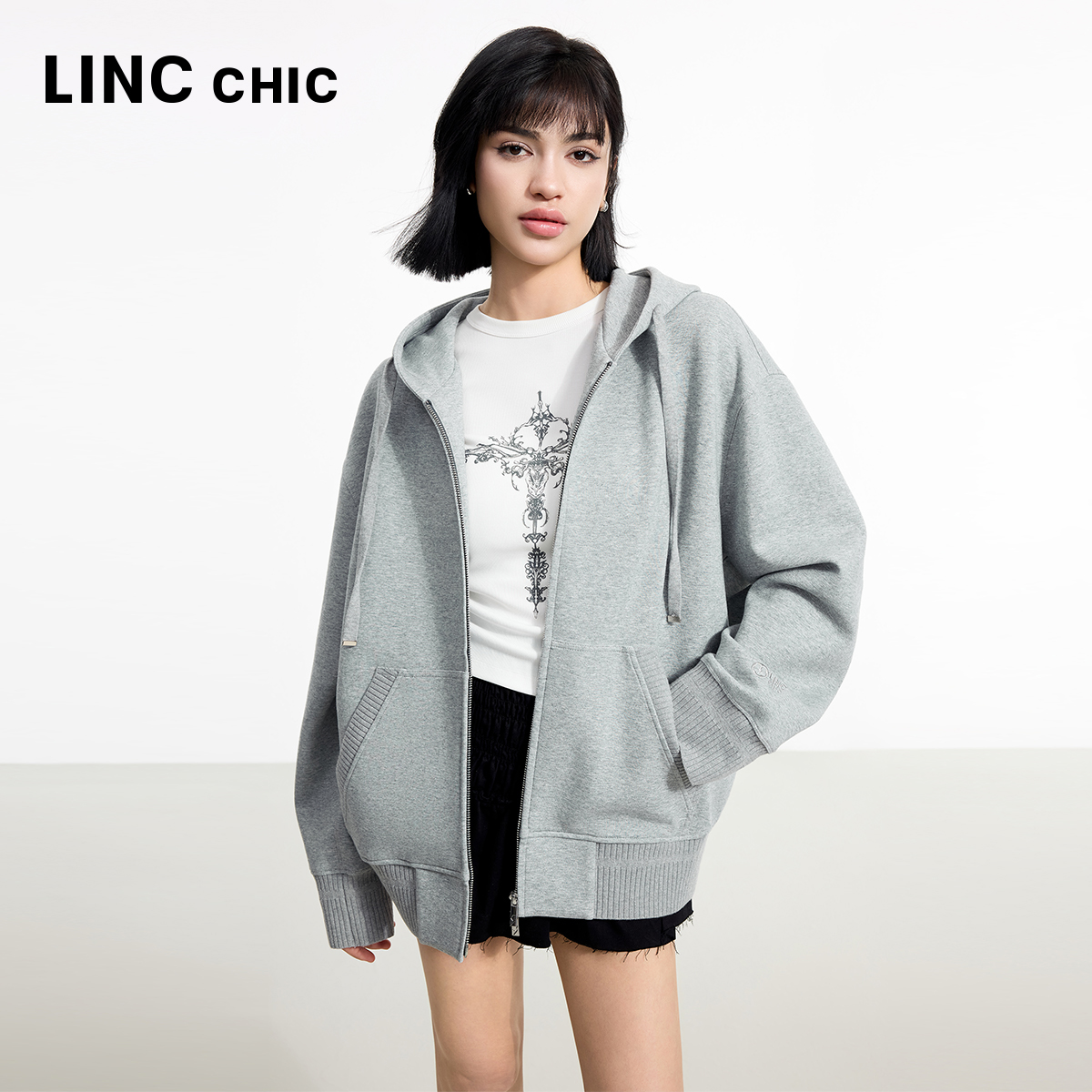 连帽落肩夹克卫衣外套