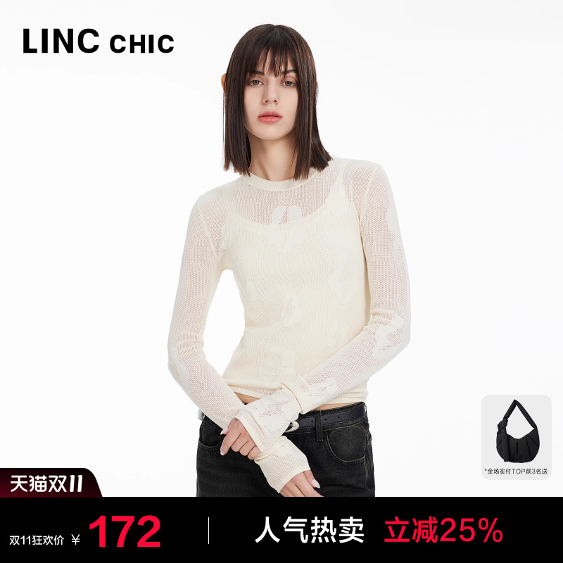 透视感修身提花针织衫