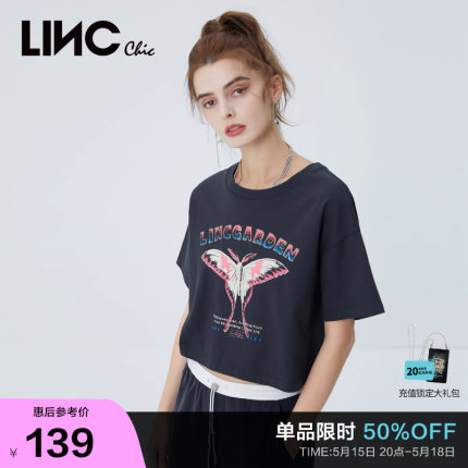 LINCCHIC金羽杰t恤女蝴蝶印花圆领休闲百搭短袖女T恤夏S228FK366