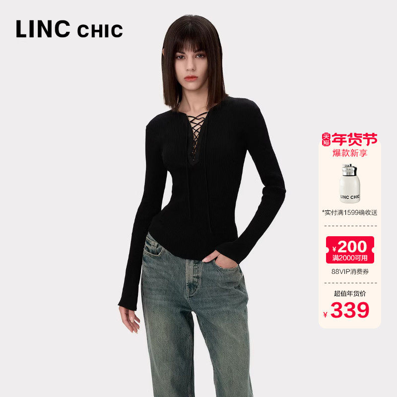 LINCCHIC金羽杰内搭打底衫女修身绑带设计针织衫女上衣S243SW532