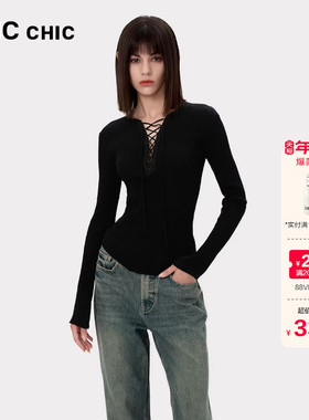 LINCCHIC金羽杰内搭打底衫女修身绑带设计针织衫女上衣S243SW532