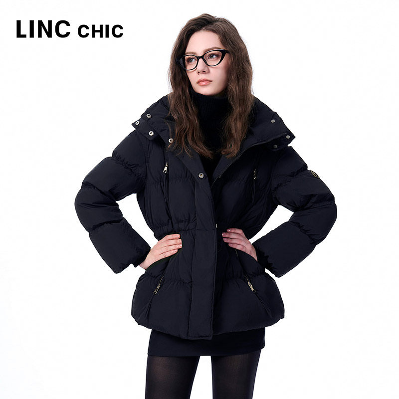LINCCHIC金羽杰2025年冬季新款MIU感学院风抽褶羽绒服女外套2124
