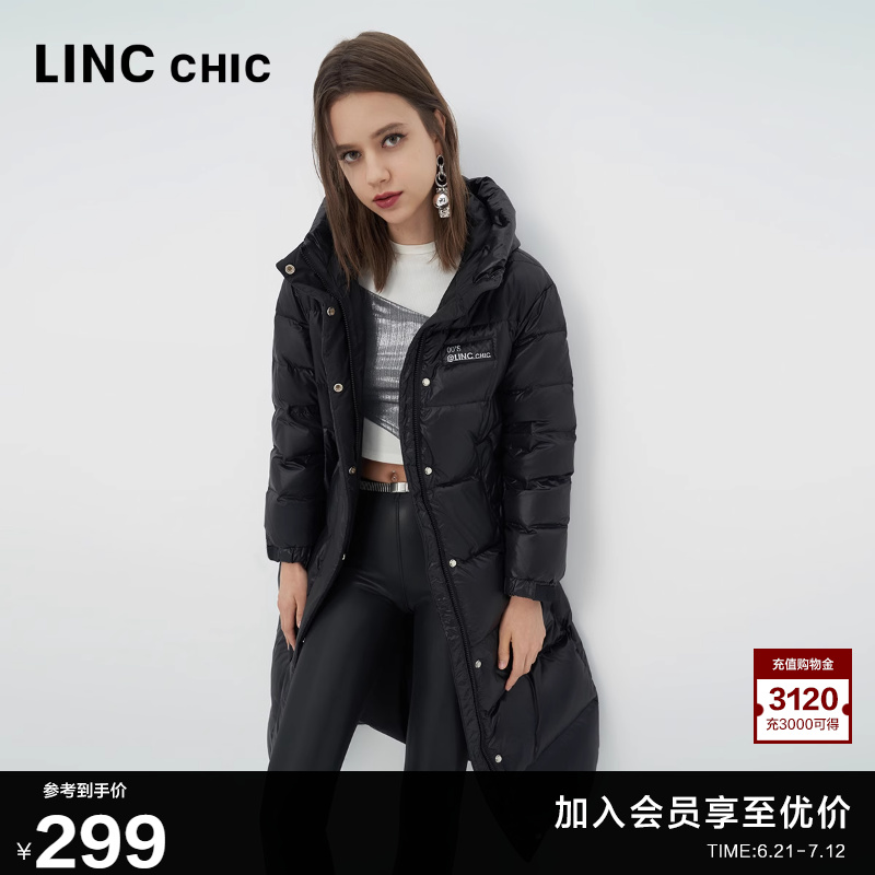 LINC潮流撞色超長款圍裹感羽絨服