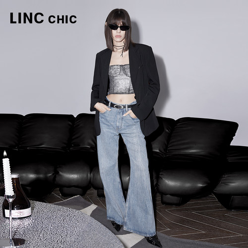LINCCHIC金羽杰24年春季新品高腰美式直筒阔腿牛仔裤女S241JE397Y