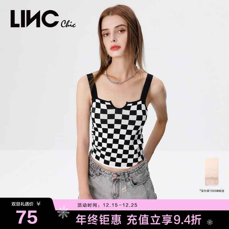 棋盘格纹针织吊带背心
